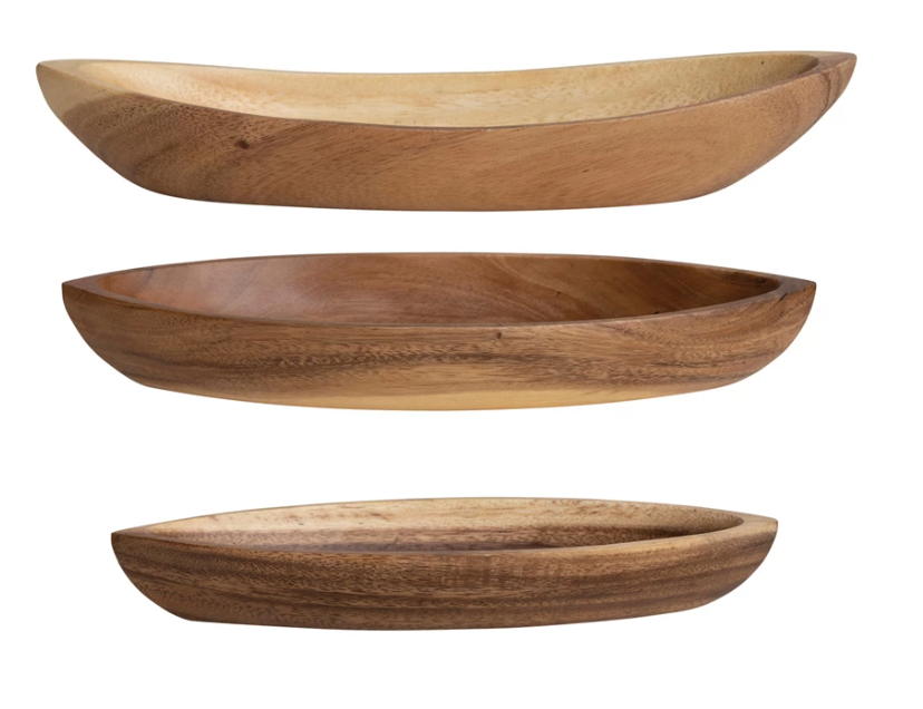 Acacia Wood Boat Shaped Bowls, Natural, Set of 3