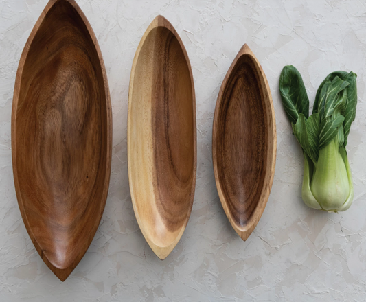Acacia Wood Boat Shaped Bowls, Natural, Set of 3
