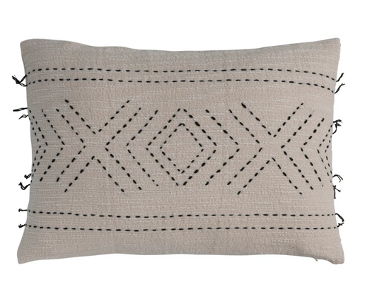 Hand-Embroidered Cotton Lumbar Pillow w/ Kantha Stitch