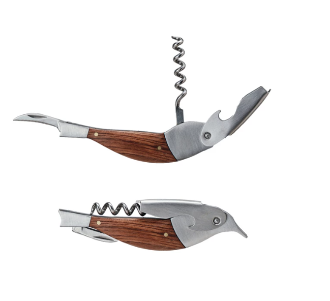 Merbau Wood & Stainless Steel Bird Shaped Bottle Opener/Corkscrew