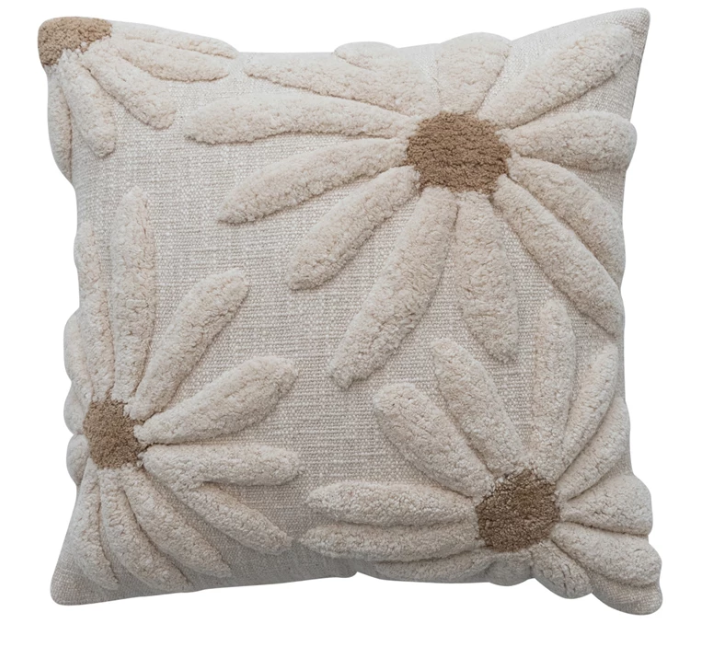 Square Cotton Slub Pillow with Tufted Flowers