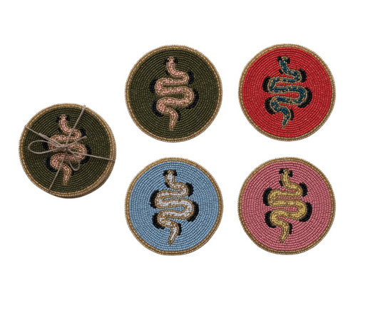 Glass Beaded Cotton Coasters with Snakes, Set of 4