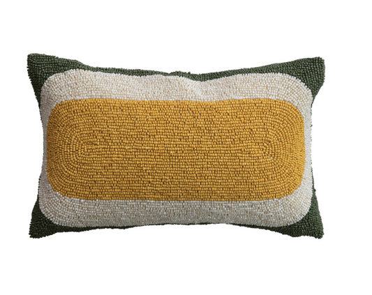 Beaded Lumbar Pillow with Geometric Design, Yellow, White & Green