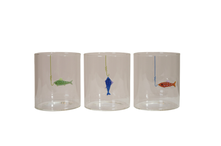 Hand-Blown Drinking Glass with Fish On Hook