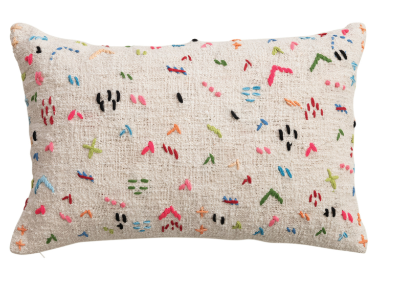 Cotton Slub Lumbar Pillow w/ Hand-Embroidery