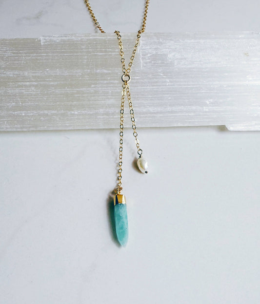 Amazonite and pearl lariat necklace 