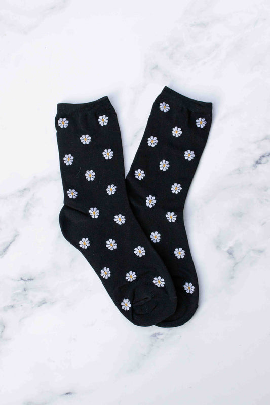 Daisy Pattern Socks: Black Multi