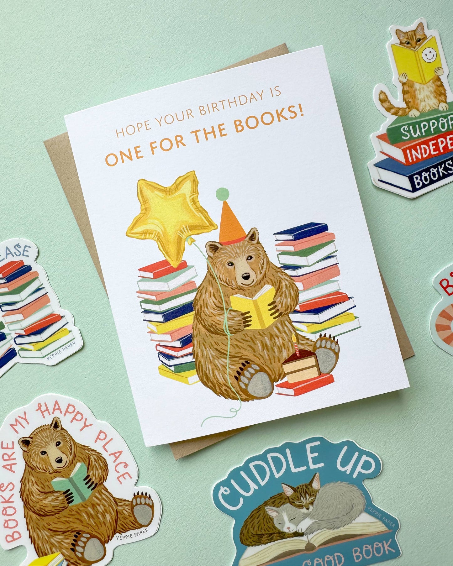 Reading Bear with Books and Cake Birthday Card