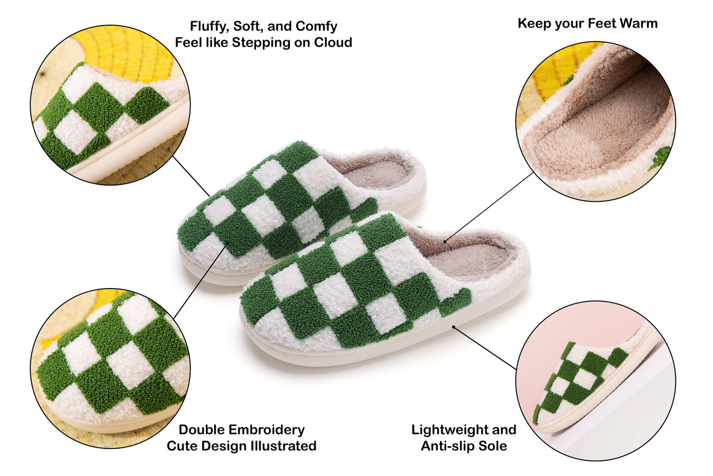Checker  Illustrated Soft Fluffy Comfy Warm House Slipper: Checker-Green / Medium