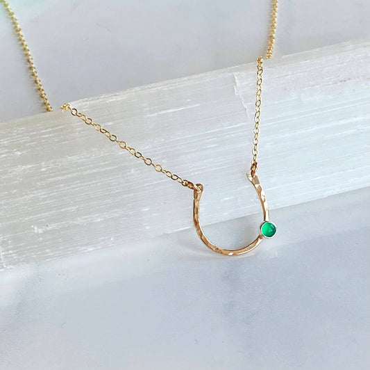 Lucky Horseshoe Necklace-14kt gold fill: Greeen onyx