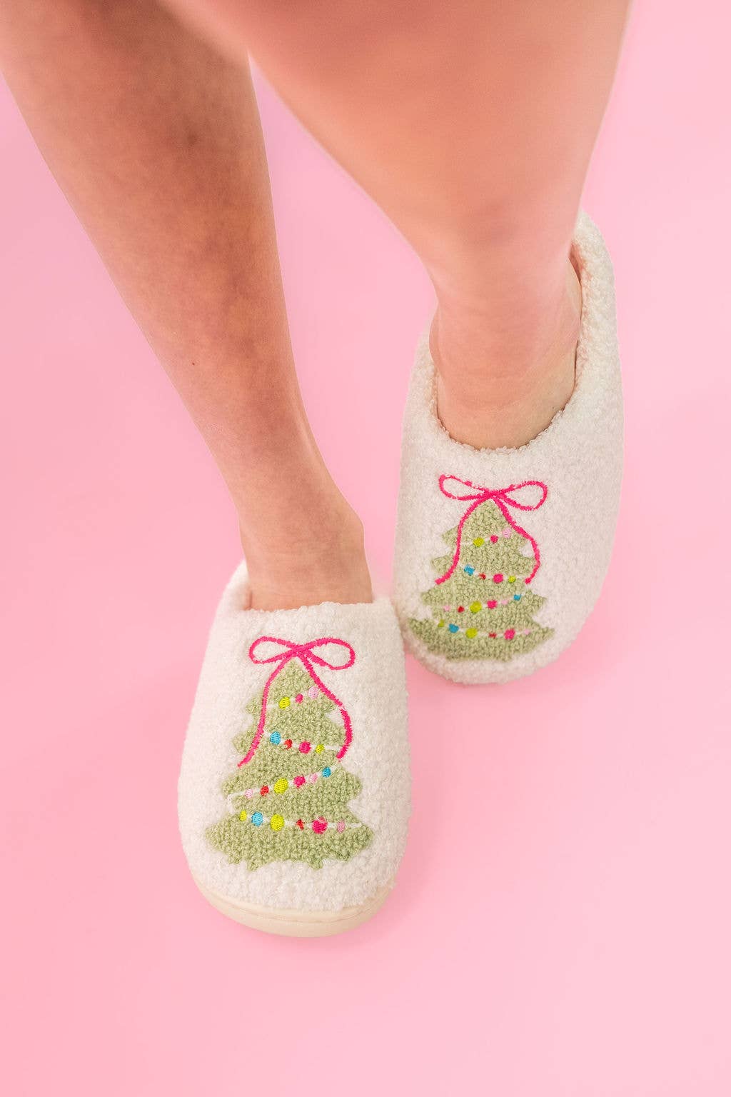 Pink Bow Christmas Tree Slippers - X-Large