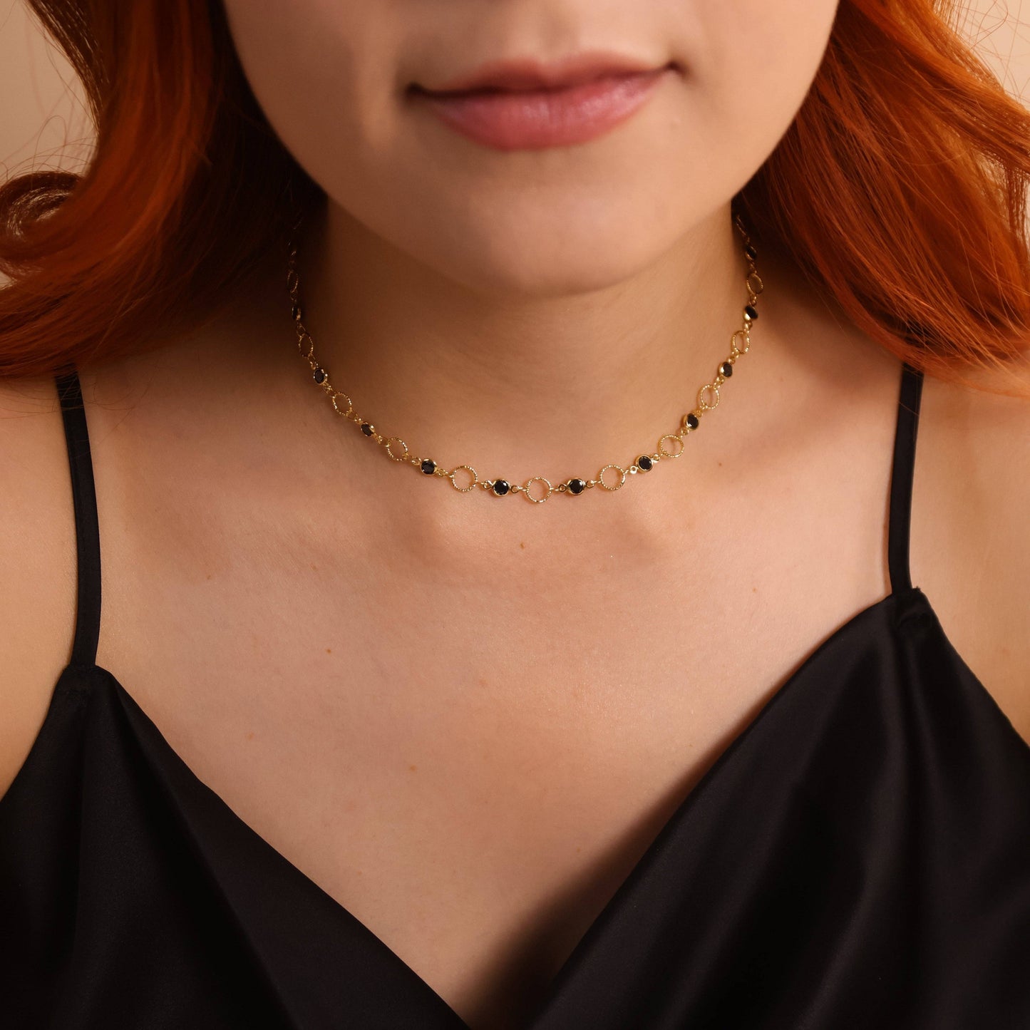 18k Gold Filled Black Bezel CZ & Circles Choker Necklace