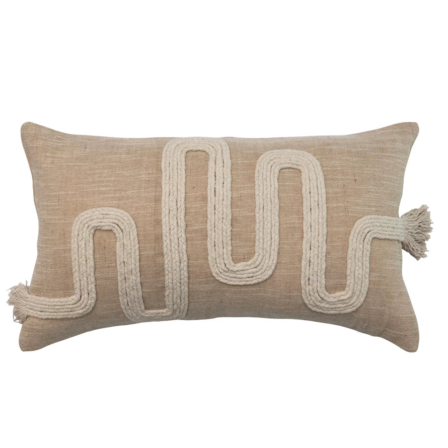 24" x 14" Cotton & Jute Lumbar Pillow w/ Embroidery & Fringe