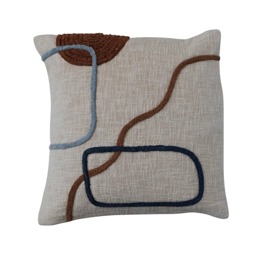 Square Cotton Slub Pillow Embroidered With Abstract Design