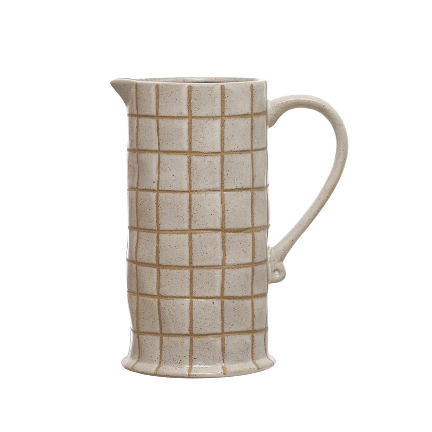 46 oz Stoneware Pitcher with Wax Relief Grid Pattern