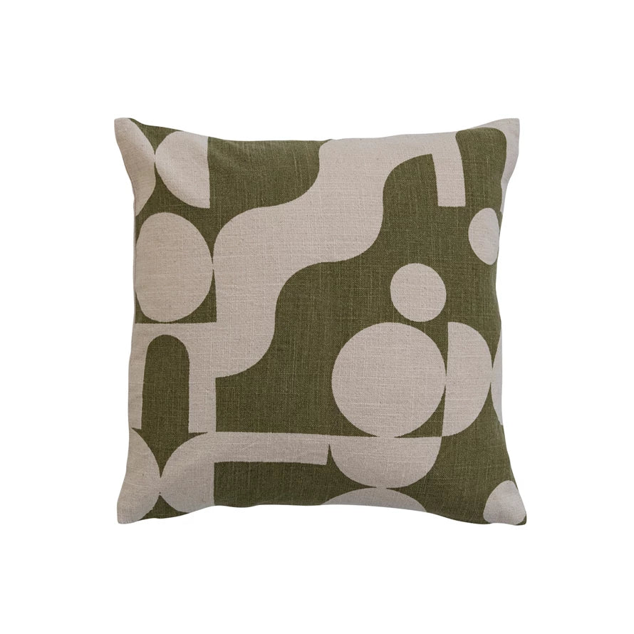 18" Square Cotton Slub Printed Pillow w/ Abstract Design, Green & Natural