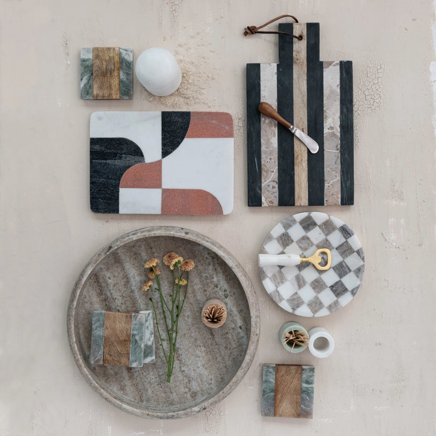 Marble Checkered Tray | Buff Color & White