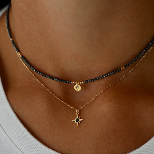 BEADED STAR MEDALLION NECKLACE: HEMATITE