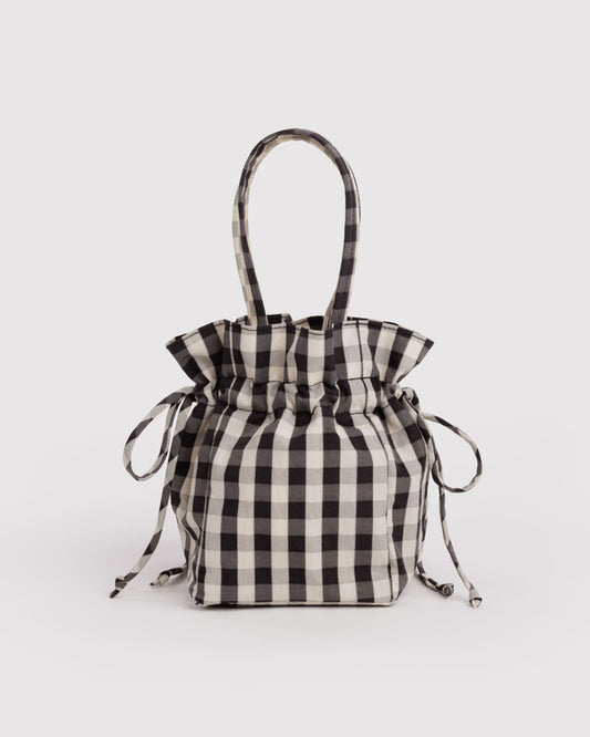 Nylon Drawstring Bag | Black and Cream Gingham