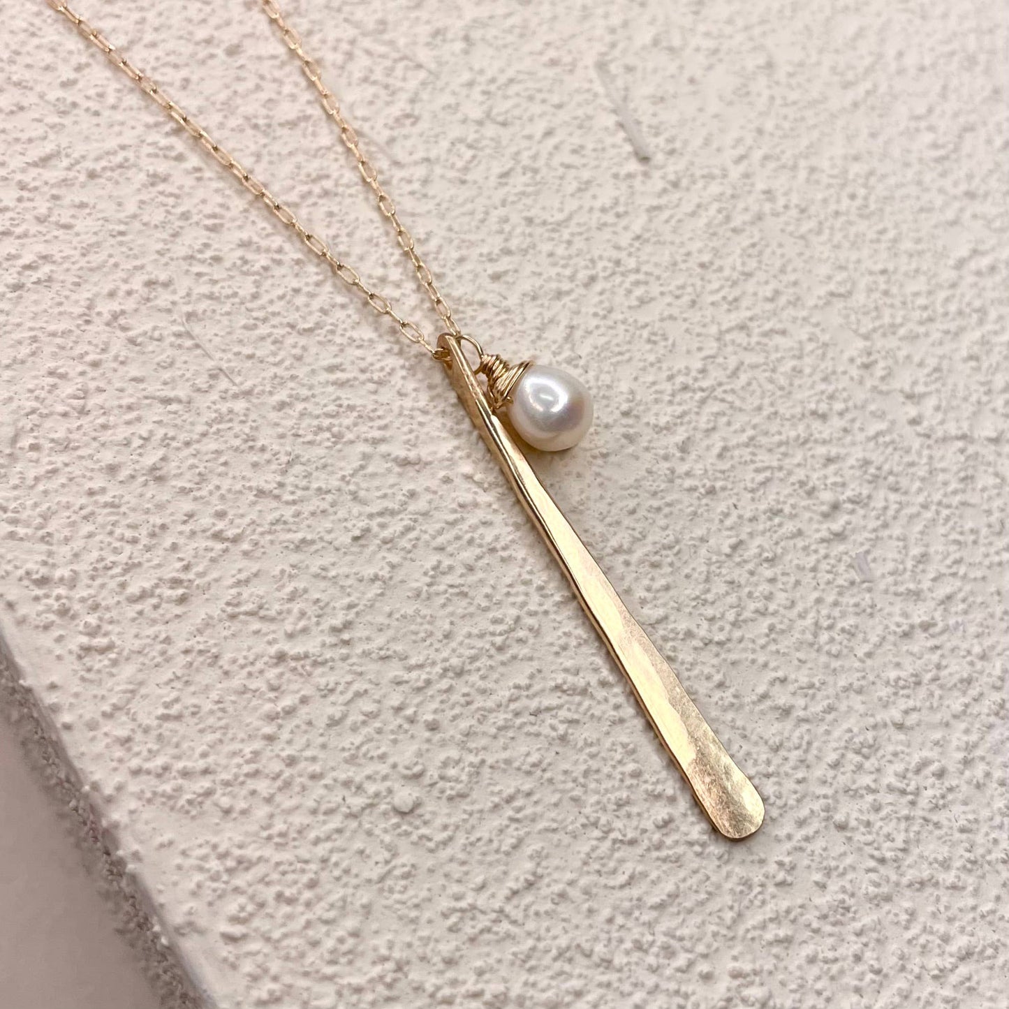 Hammered Stick and Stone Necklace: 14k Gold Fill / Pearl