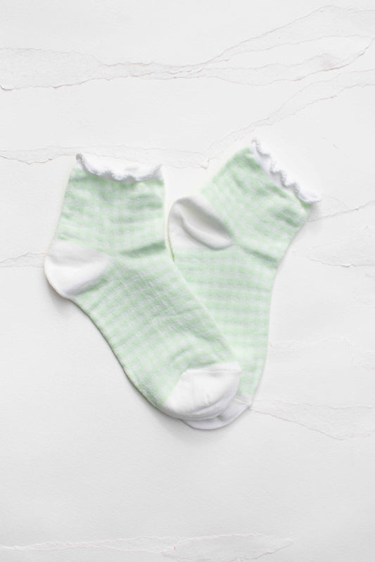 Pastel Gingham Ruffle Ankle Socks: Green