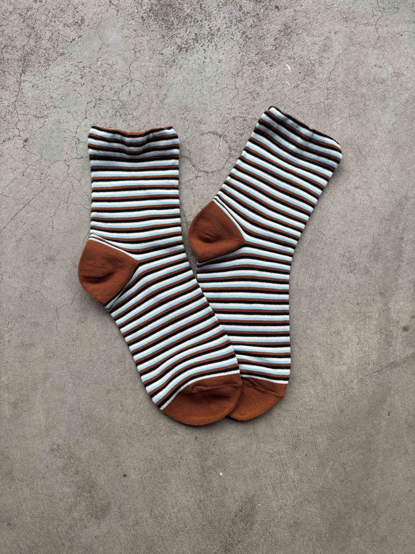 Vintage Micro Stripe Cotton Crew Socks: Wood/Sky