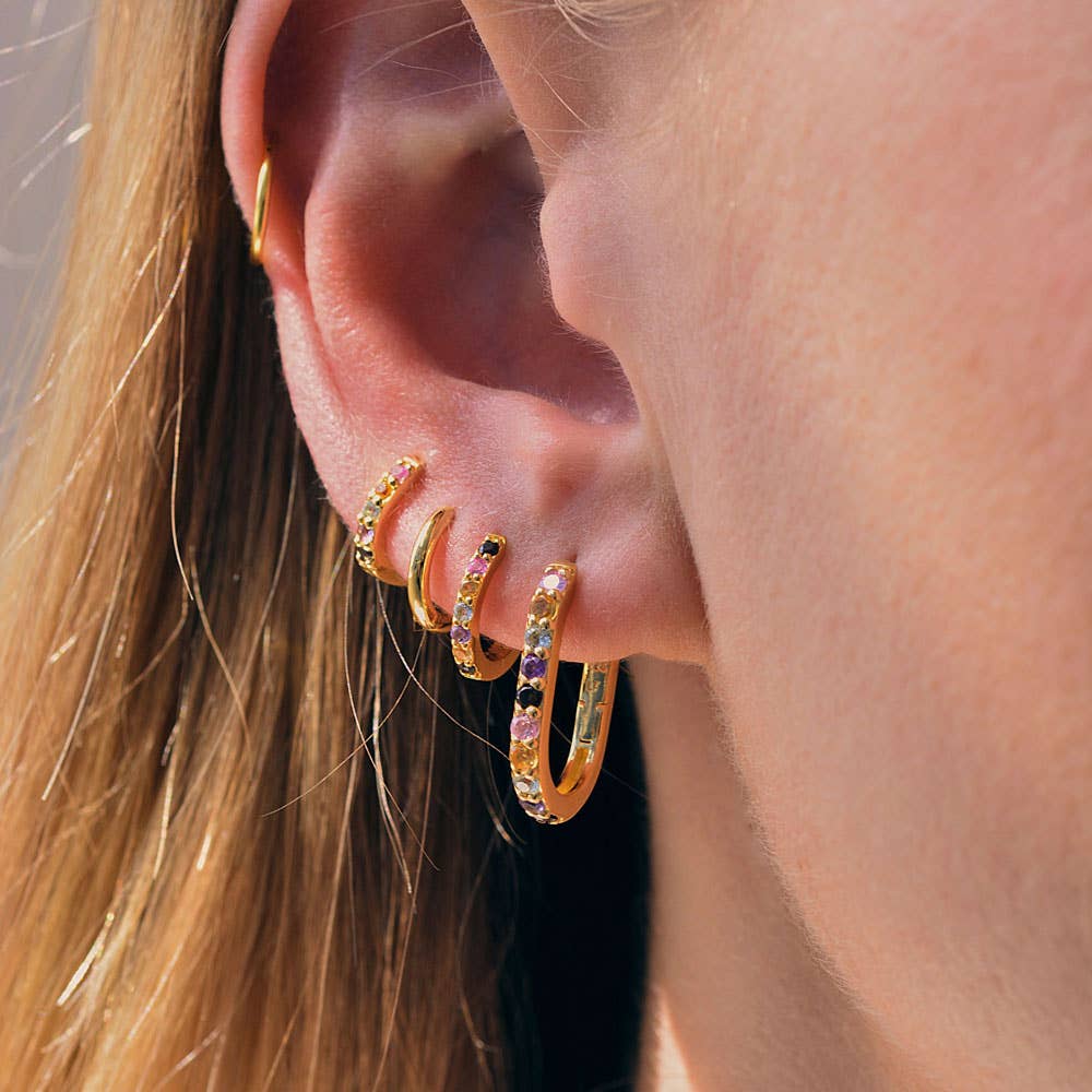 Mini Alpha Huggie Earrings - Rainbow Gemstones: Gold Plated Sterling Silver