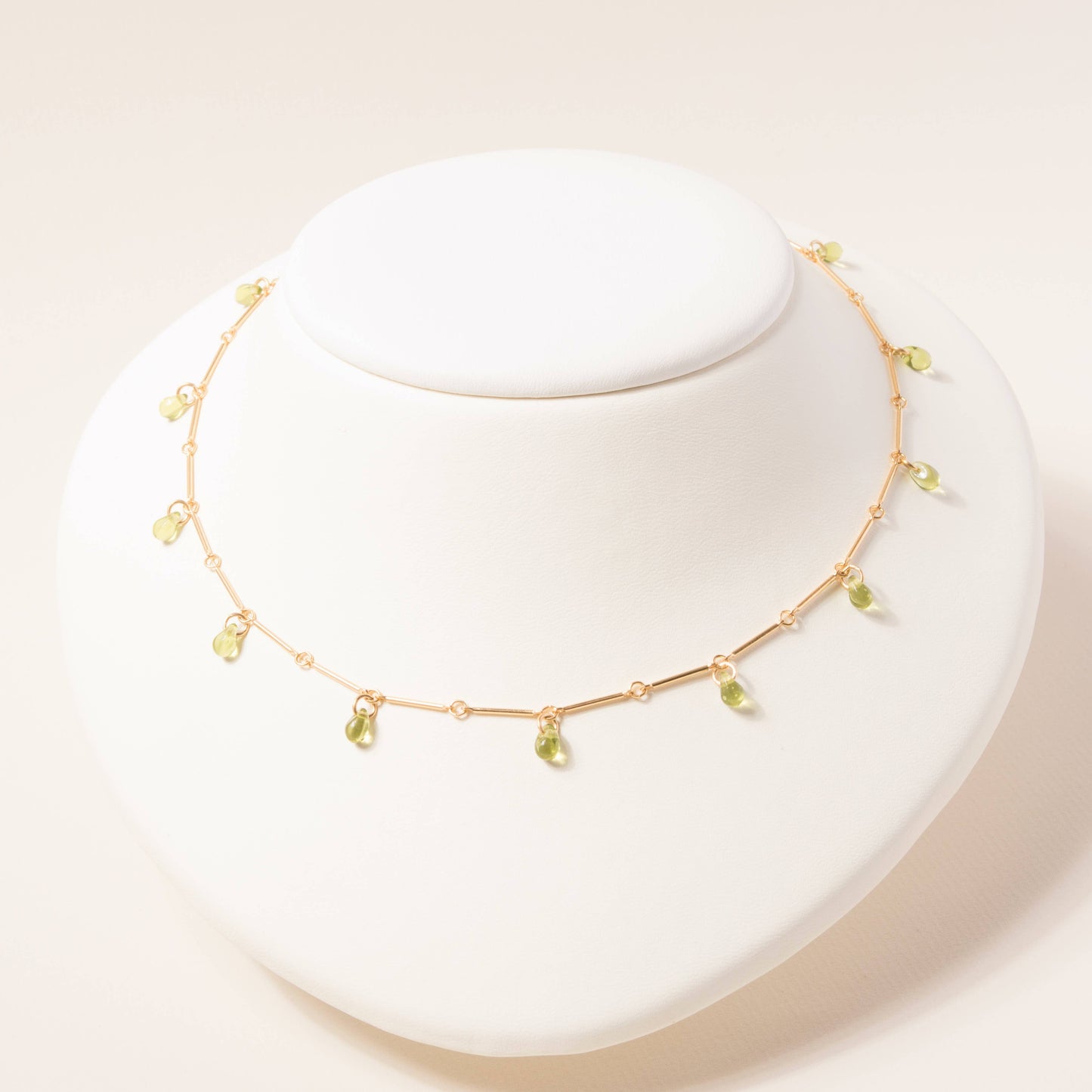 Teardrop Fringe Necklace in Olive Glass: 16"