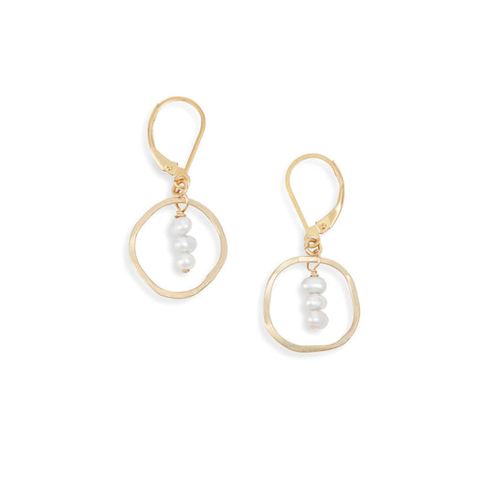 Treble Dainty Three Pearl Circle Earrings - gold filled