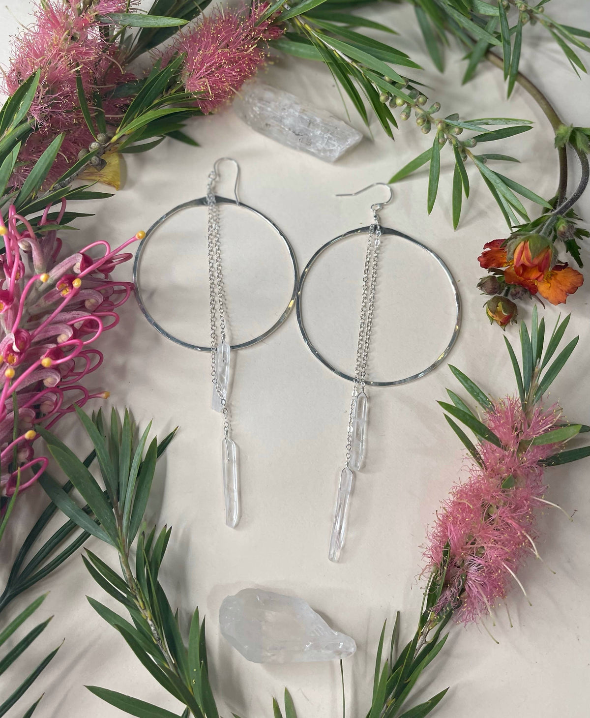 Double Quartz Hammered Hoops: Sterling Silver