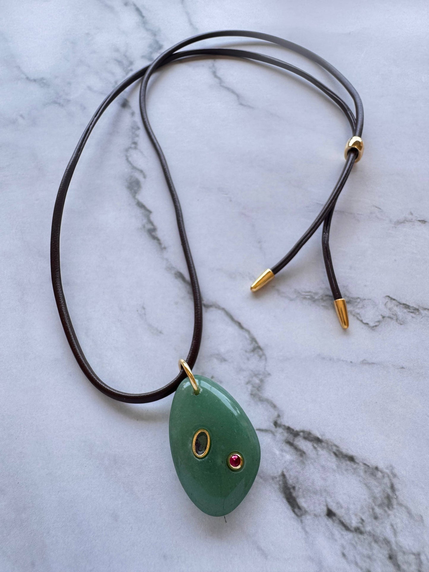 Mildred Leather Cord and Gemstone Necklace : Green Aventurine