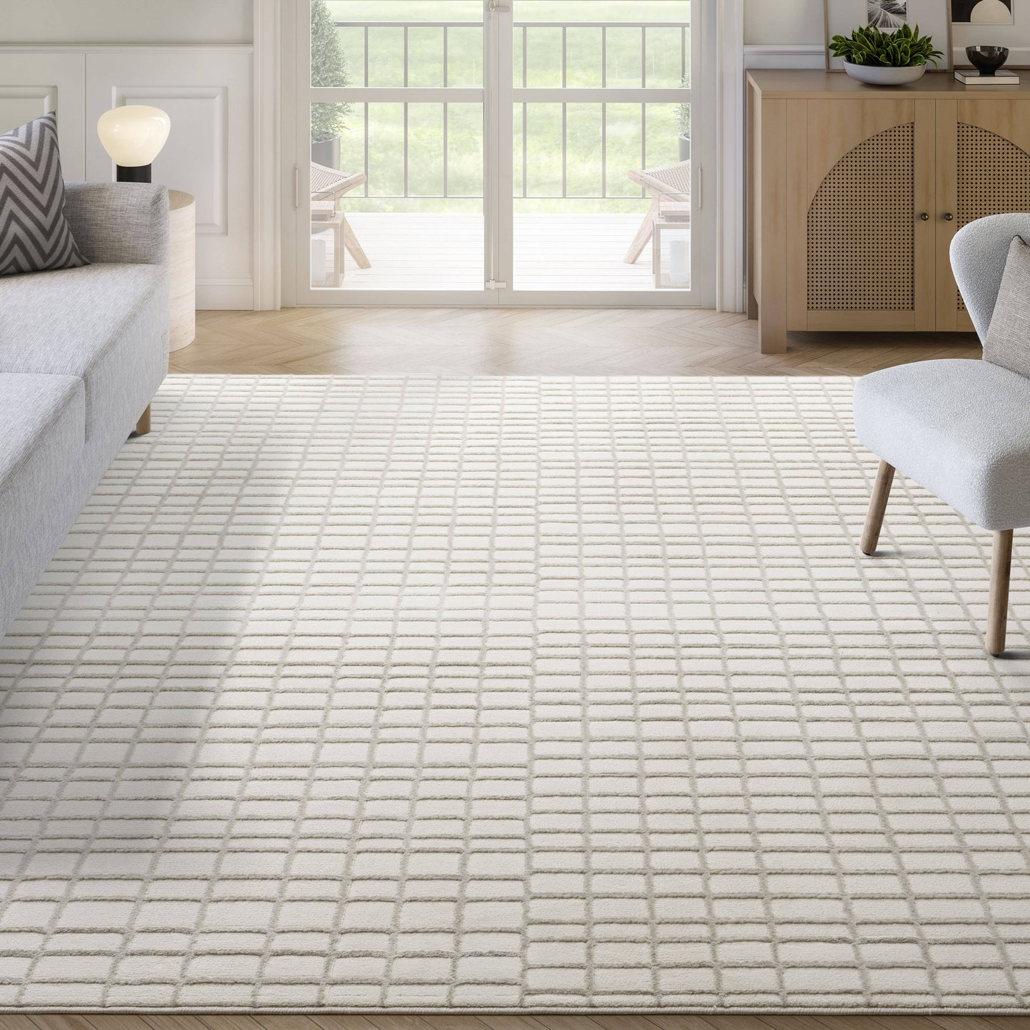 Abani Plush Deco Machine Washable Ivory Taupe Grid Rug: 4' x 6'