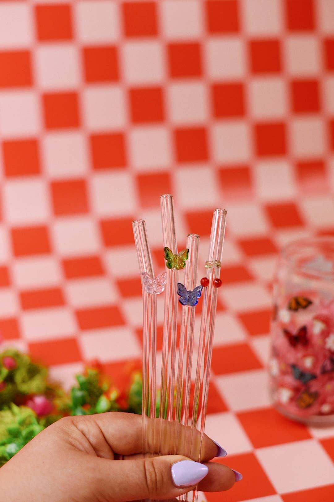 Butterfly Charm Glass Straws: Green
