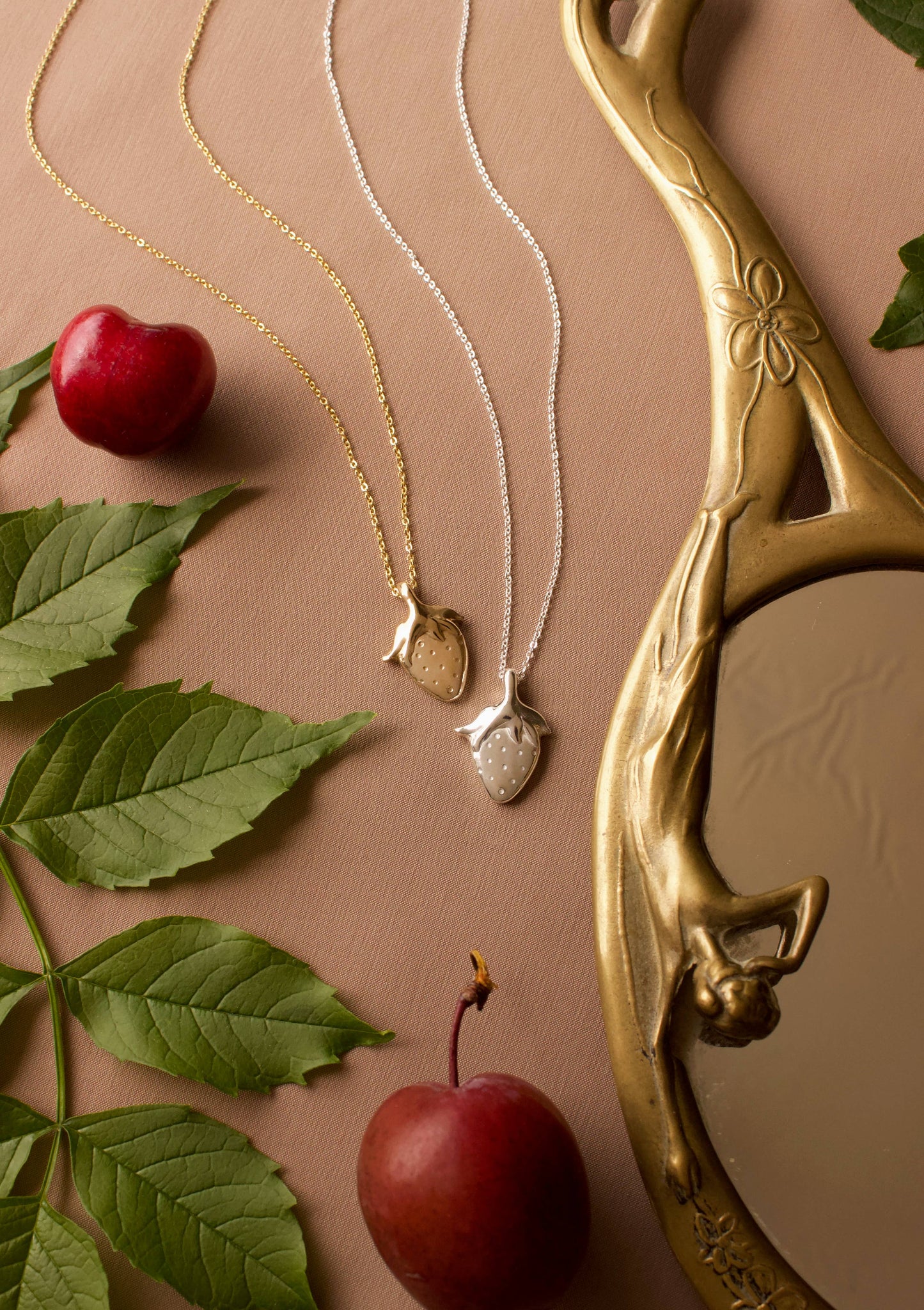 Strawberry Pendant Necklace, Layering, Fruit Jewelry, Cute : 14K Gold-Fill 16.5" / Shiny Yellow Bronze