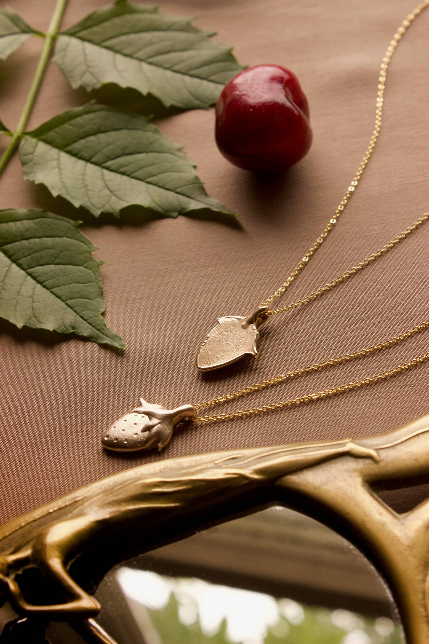 Strawberry Pendant Necklace, Layering, Fruit Jewelry, Cute : 14K Gold-Fill 16.5" / Shiny Yellow Bronze