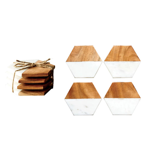 Marble & Mango Wood Hexagon Coasters