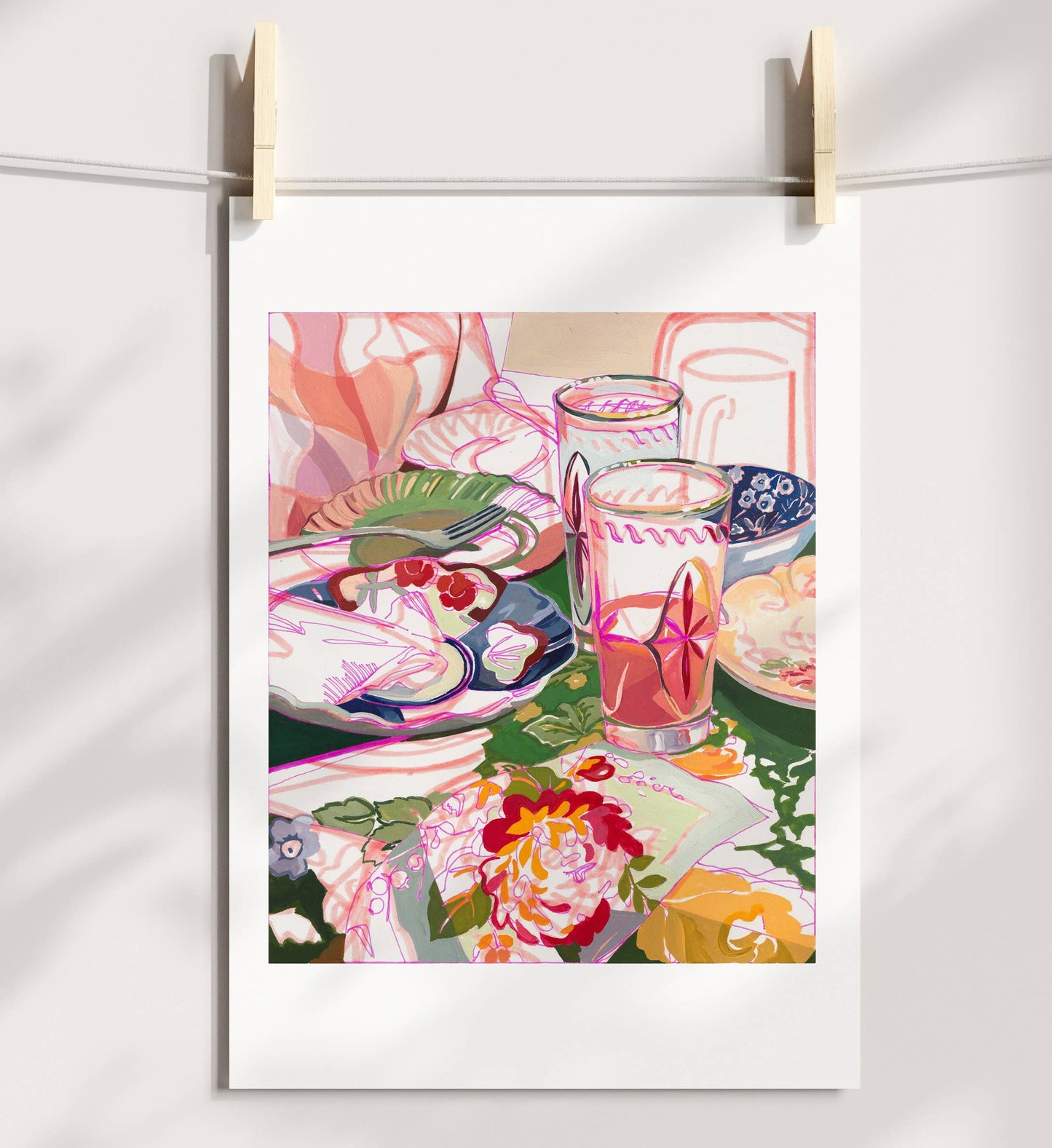 "Brunch Party" Pink Retro Still Life Signed Giclee Print: 11x14"
