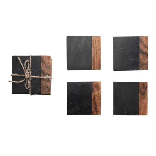 Marble & Acacia Wood Coasters | Black & Natural