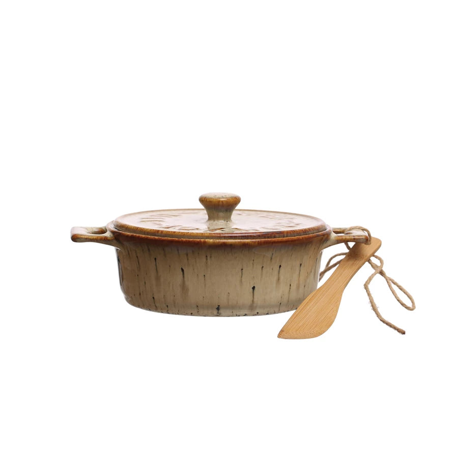 Stoneware Cream Brie Baker w/ Bamboo Spreader