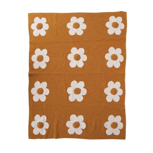 Cotton Knit Blanket w/ Flowers & Tufting