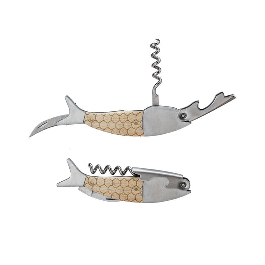 Oak Wood & Stainless Steel Fish Shaped Opener/Corkscrew