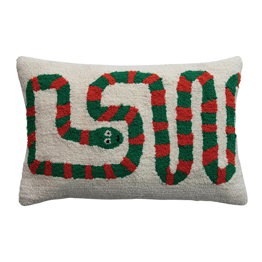 Cotton Blend Tufted Lumbar Pillow w/ Green & Orange Snake