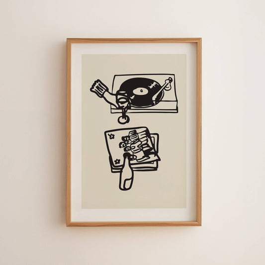 "Vinyl & Vino" Minimal Modern Wine Lover Wall Art Print: Medium