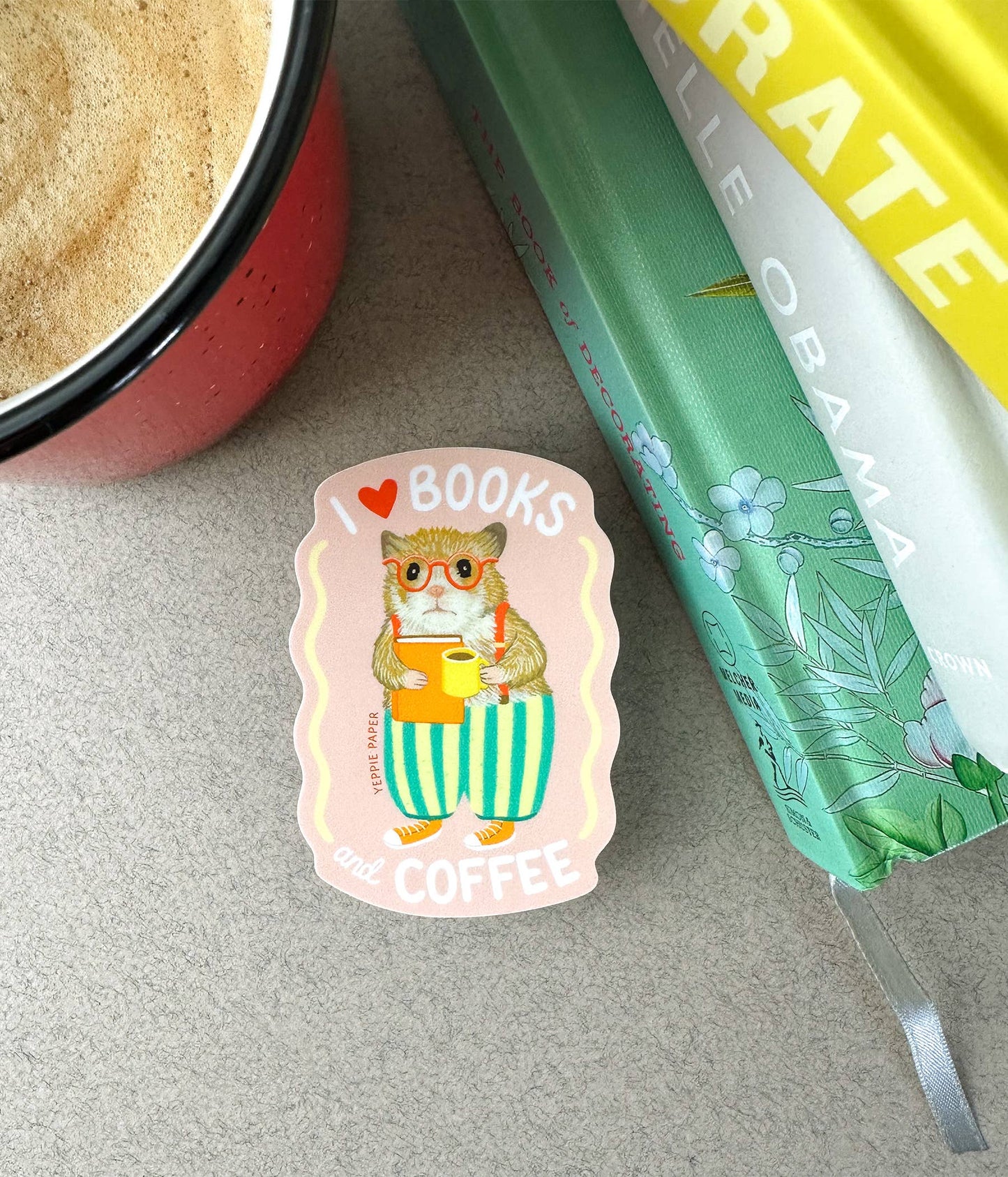 Books and Coffee Loving Bookish Hamster Sticker