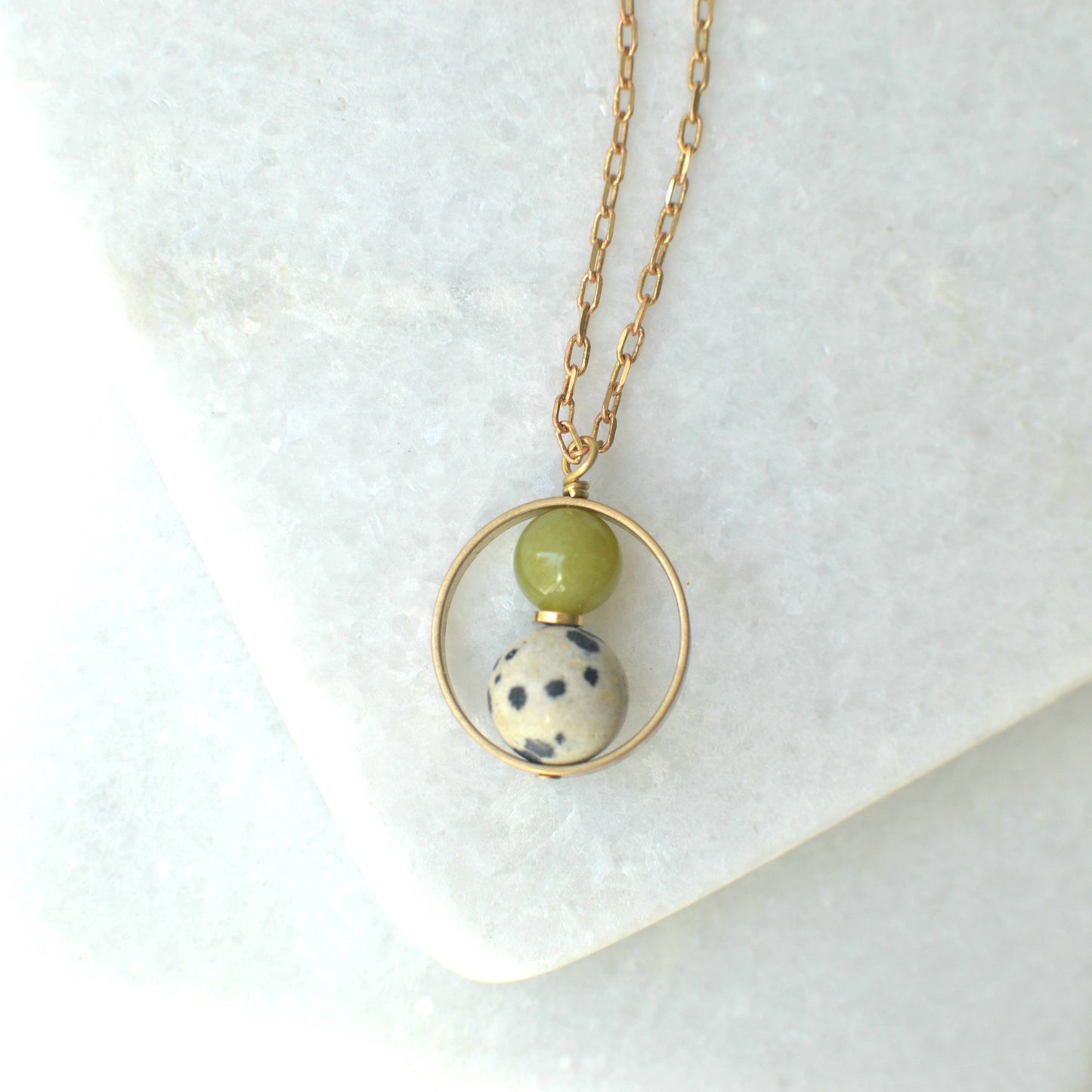 Billie - Nested Gemstone Circle Pendant Necklace: Yellow Olive Jade