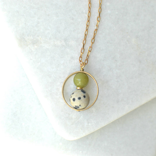 Billie - Nested Gemstone Circle Pendant Necklace: Yellow Olive Jade