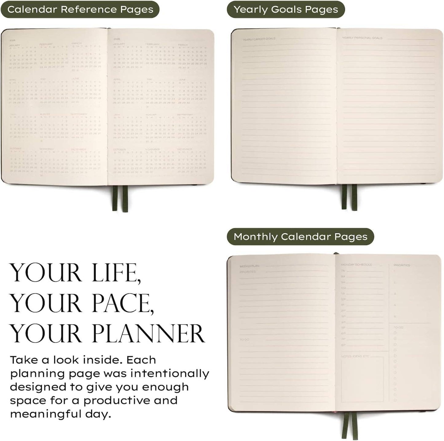 The Daily Planner - Hardcover with Library Buckram Cover: Evergreen