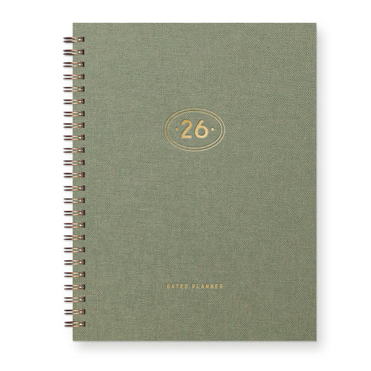 2026 Gold Plated Dated Planner : Calendar Year: Sage Green Linen Cover | Gold Foil