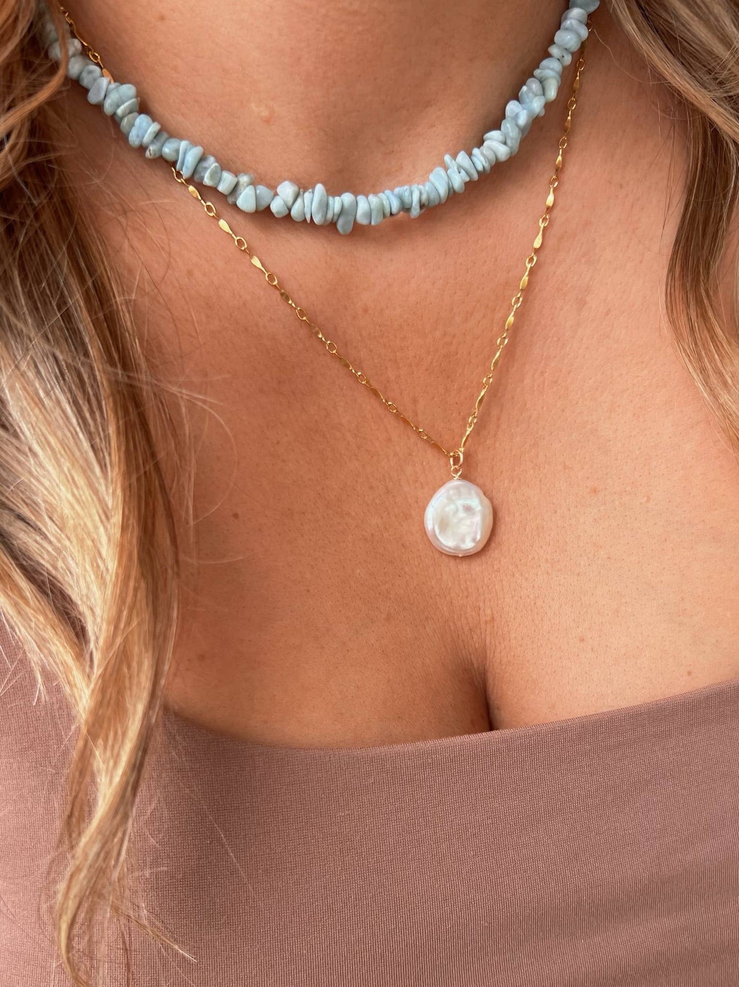 Sanibel Larimar Beaded Necklace Gold Filled