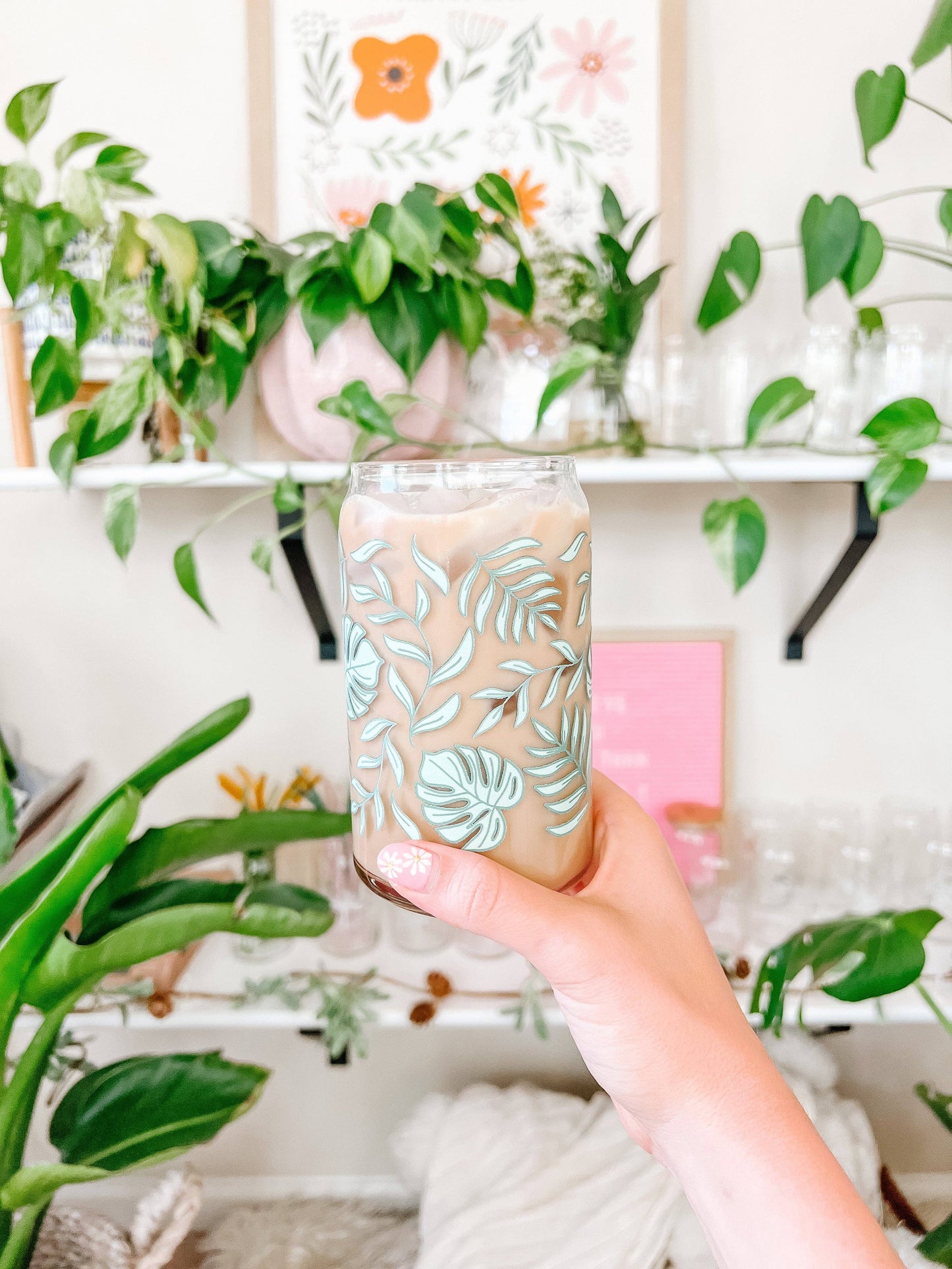16oz Tropical Monstera Iced Coffee Beer Can Glass